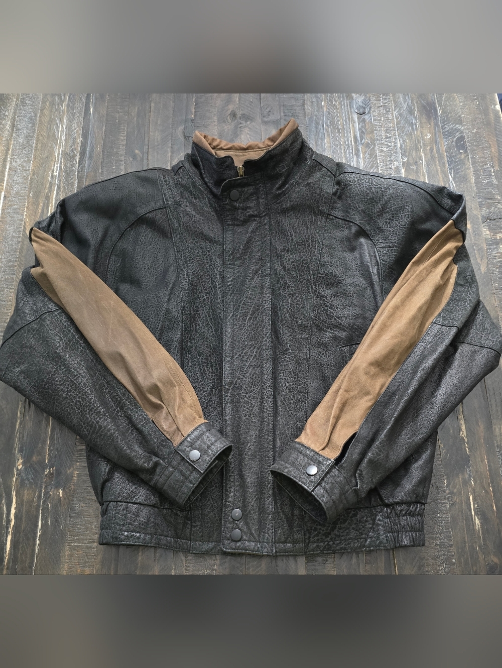 Vintage Byrnes Baker Bomber Jacket Mens M 90s Black Leather Brown Lined Biker